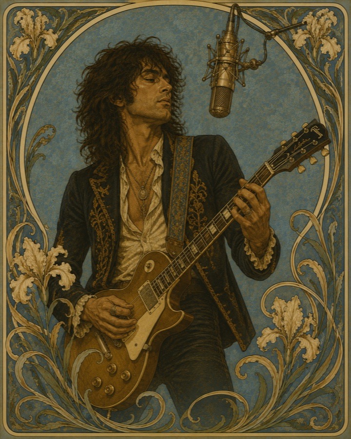 Illustration Art Nouveau d'un guitariste rock devant un microphone vintage, style Prise Directe
