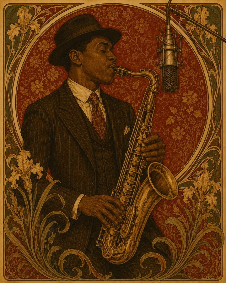 Illustration Art Nouveau d'un saxophoniste jazz devant un microphone vintage, style Prise Directe
