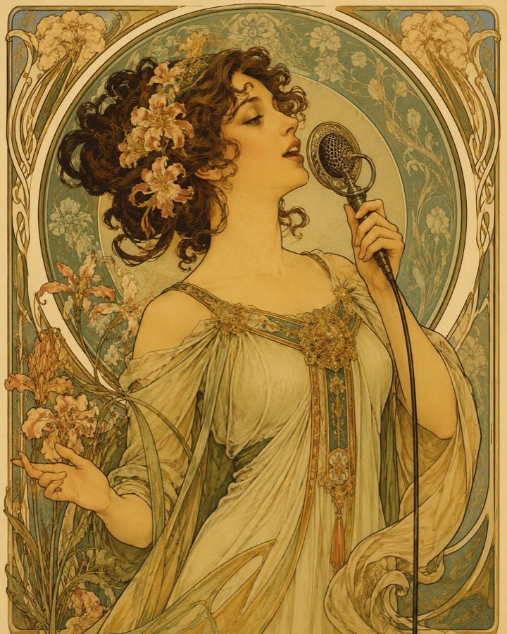 Illustration Art Nouveau d'une chanteuse devant un microphone vintage, style Prise Directe