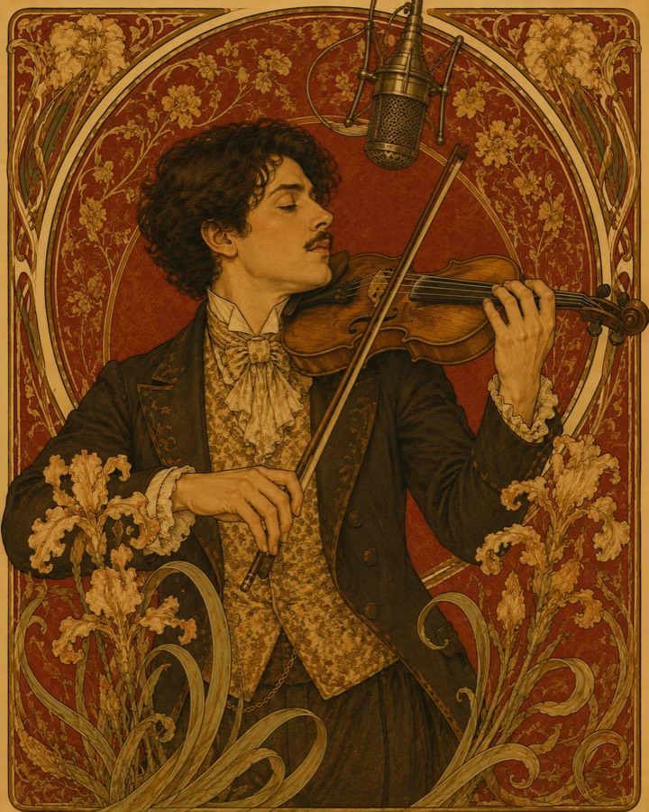 Illustration Art Nouveau d'un violoniste captée par un microphone, style Prise Directe